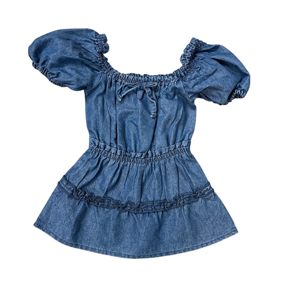 BCBG Girls Blue Chambray Puff Sleeve Ruffle Dress Toddler Size 2T‎ 36502320